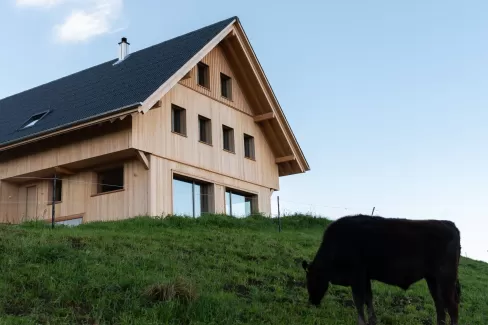 Ersatzneubau Wohnhaus | Truber Holz  Mit Leidenschaft fürs Handwerk und die Natur ist dieses Wohnhaus auf der Basis von Truber Holz entstanden – regional, nachhaltig und zeitlos schön.  Die moderne Architektur fügt sich harmonisch in die sanfte Hügellandschaft ein. Innen wie außen spürt man die Wärme und Beständigkeit des einheimischen Holzes.  Mehr über unsere Projekte und die Kraft des Truber Holzes erfährst du auf:  www.truberholz.ch