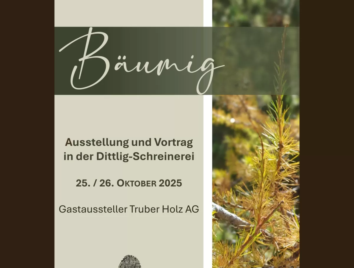 Flyer zur Veranstaltung *„Bäumig“ – Ausstellung und Vortrag in der Dittlig-Schreinerei am 25. und 26. Oktober 2025, mit der Truberholz AG als Gastaussteller. Im Design sind Naturmotive und die Logos von Dittlig-Schreinerei und Truberholz AG zu sehen.