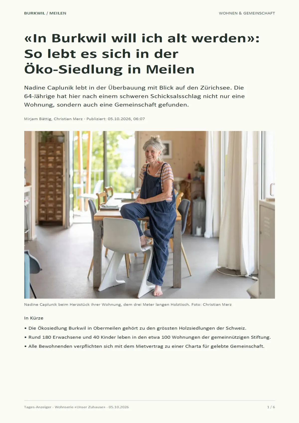 Tages-Anzeiger-Artikel vom 5. Oktober 2026 über das Leben in der Ökosiedlung Burkwil in Meilen, mit einem Foto von Nadine Caplunik am Holztisch ihrer Wohnung.