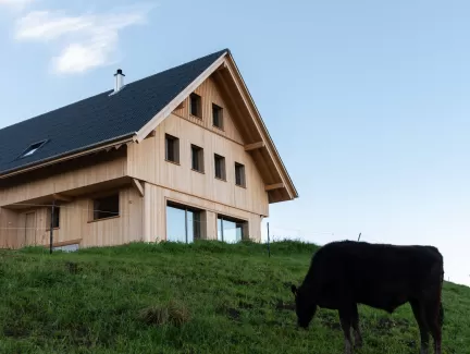 Ersatzneubau Wohnhaus | Truber Holz  Mit Leidenschaft fürs Handwerk und die Natur ist dieses Wohnhaus auf der Basis von Truber Holz entstanden – regional, nachhaltig und zeitlos schön.  Die moderne Architektur fügt sich harmonisch in die sanfte Hügellandschaft ein. Innen wie außen spürt man die Wärme und Beständigkeit des einheimischen Holzes.  Mehr über unsere Projekte und die Kraft des Truber Holzes erfährst du auf:  www.truberholz.ch