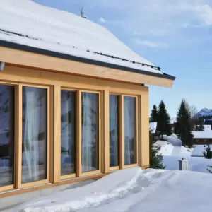Ferienwohnung aus Truberholz mit wunderschöner Glasfront. Integriertes Bad im Schlafzimmer. Küche mit eingebauten Griffe.