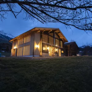 Ausbau Scheune zu Wohnhaus alles aus Truberholzelmente in Lauenen Berner Oberland. Freistehendes Cheminée zur ganzen Wohnungsheizung. Sonnenschutz aus Holz.