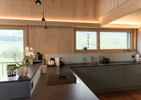 Truberholz Mehrfamilienhaus. Aussenschalung vor vergrautes Falzbrett aus Tanne, integrierte Sauna in Ferienwohnung, Saunawand aus Tanne, Möbel in der Saune aus Arven Holz, Truberholz-Wände innen sichtbar, inklusive Decke Dachschräge, Gebäudehülle Truberholz sichtbar, Innendecke Brettstapel, Boden ist alles Trockenbauaufbau, Zimmer und Bad aus Tannen Holz und allgemein Räume sind Buchenriemenboden. Türen sind alle Massivholz mit Blockfutter aus Tanne.